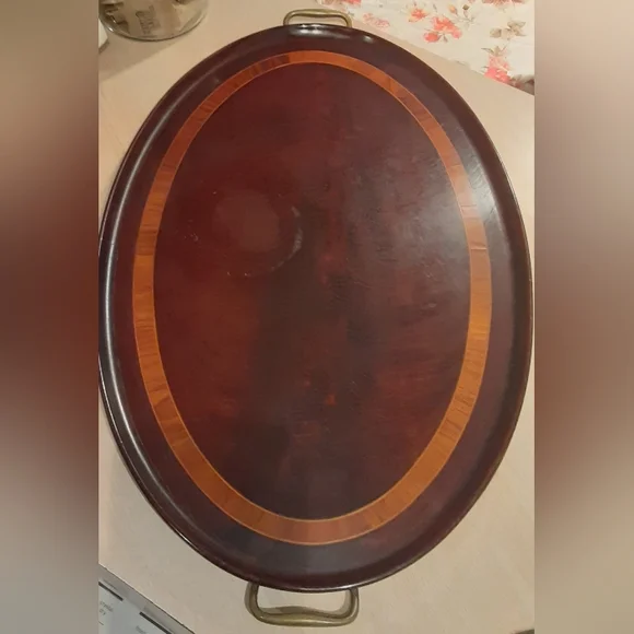1894 - 1920 COWAN Chicago Brass & Mahogany Oval Serving Tray w/ Inlay A BEAUTY!